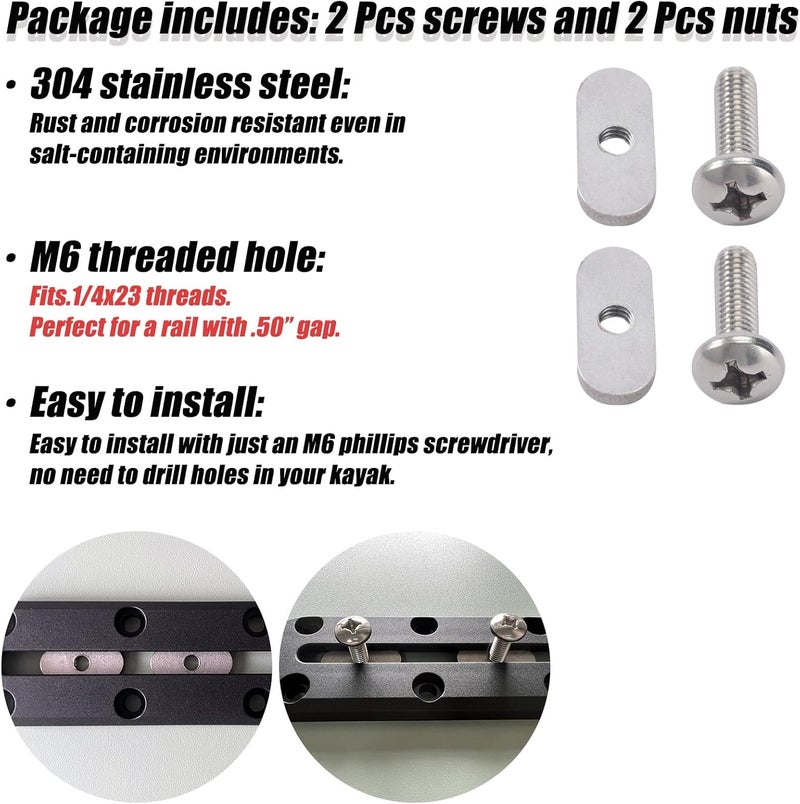 DoThisAllDay 304 Stainless Steel Kayak Rail/Track Screws 304 SS Track Nuts Kayak Hardware Mount Tie Down Eyelet Rail Kayak Mounting Screws Gear Mounting Replacement Kit for Kayaks Rails Screws Canoes Boats - Image 2